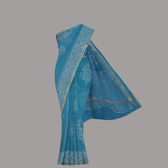 Blue Soft Cotton Kota Doriya Block Print Saree