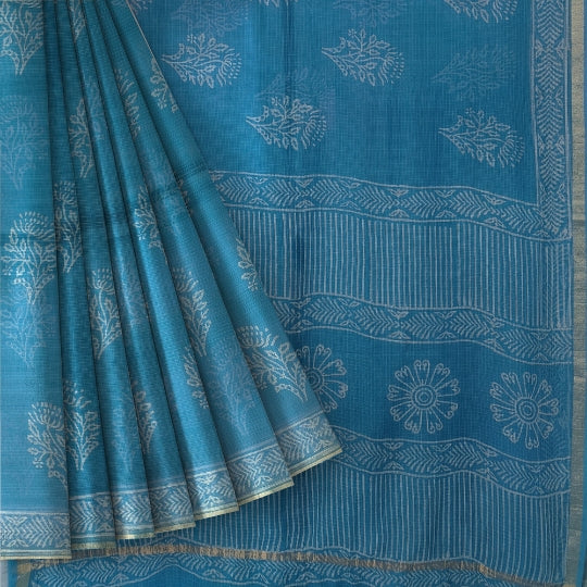 Blue Soft Cotton Kota Doriya Block Print Saree
