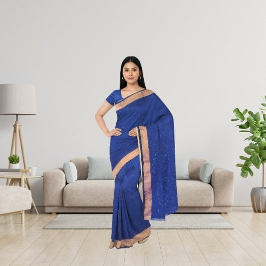 Blue Bengol Handloom Mullmol Khadi Sequence Work Saree