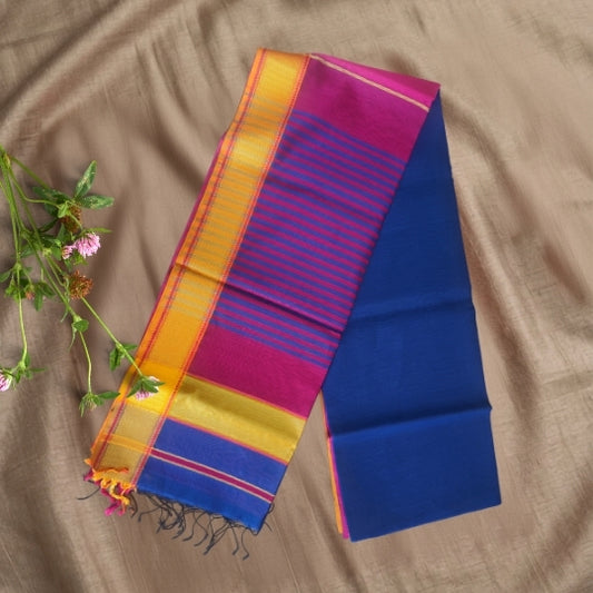 Blue Handcrafted Maheshwari Silk Saree with Ganga Jamuna Border