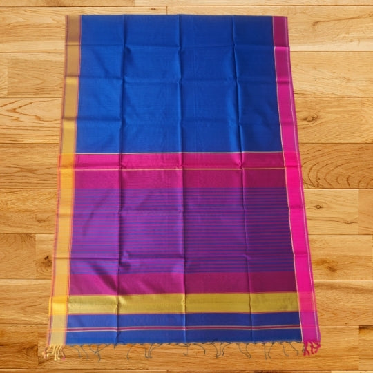 Blue Handcrafted Maheshwari Silk Saree with Ganga Jamuna Border
