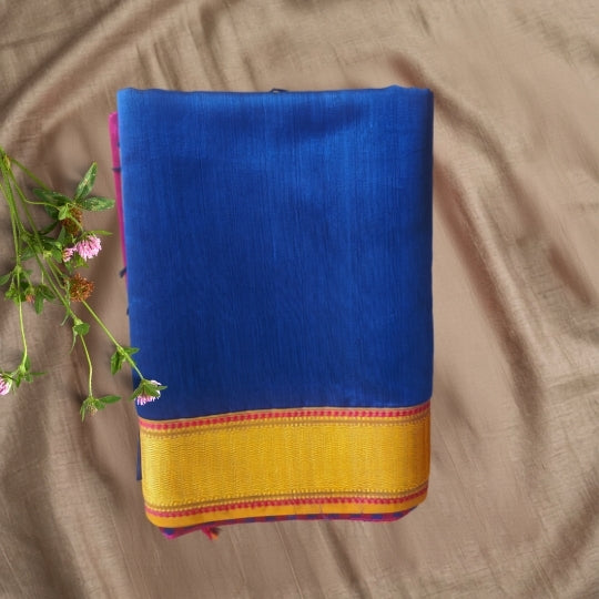Blue Handcrafted Maheshwari Silk Saree with Ganga Jamuna Border