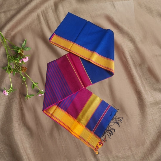 Blue Handcrafted Maheshwari Silk Saree with Ganga Jamuna Border
