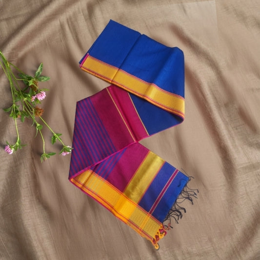 Blue Handcrafted Maheshwari Silk Saree with Ganga Jamuna Border