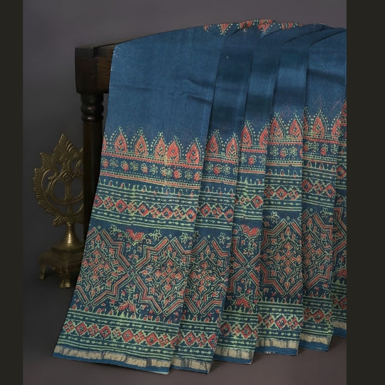 Bottle Green Chanderi Cotton Handblock Printed Saree