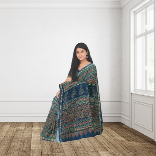 Bottle Green Chanderi Cotton Handblock Printed Saree