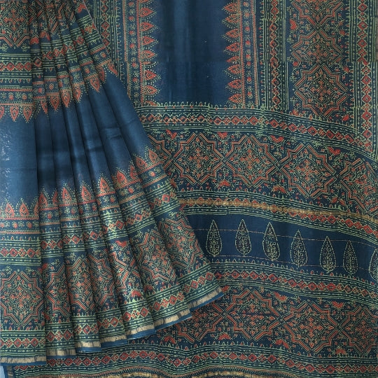 Bottle Green Chanderi Cotton Handblock Printed Saree