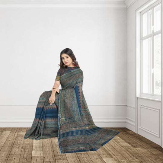 Bottle Green Chanderi Cotton Handblock Printed Saree
