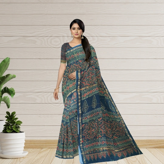 Bottle Green Chanderi Cotton Handblock Printed Saree