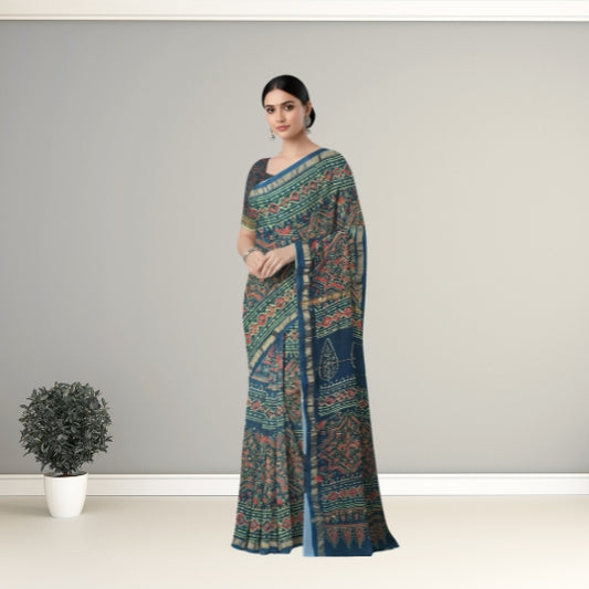 Bottle Green Chanderi Cotton Handblock Printed Saree