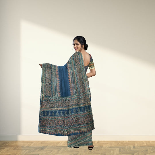 Bottle Green Chanderi Cotton Handblock Printed Saree