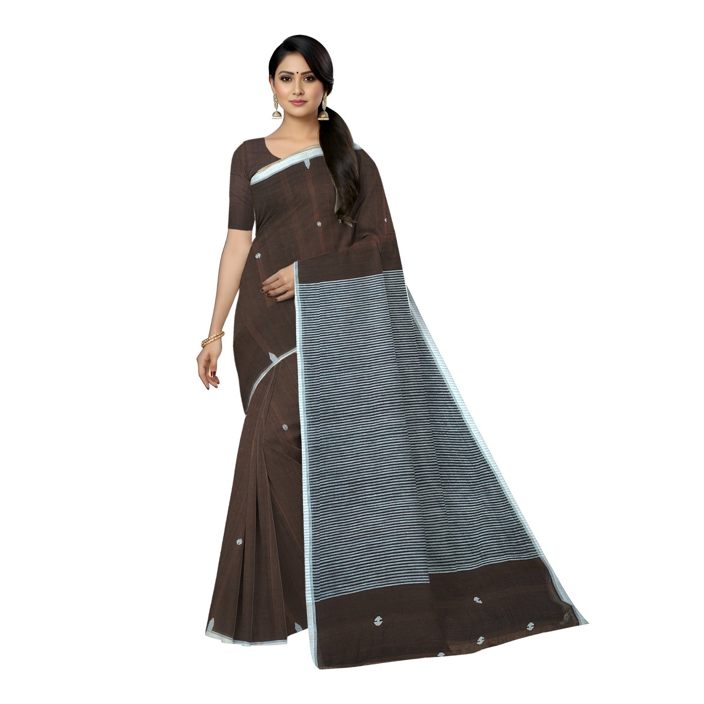 Coffee Brown Bengal Handloom Mulmul Cotton Jamdani Saree