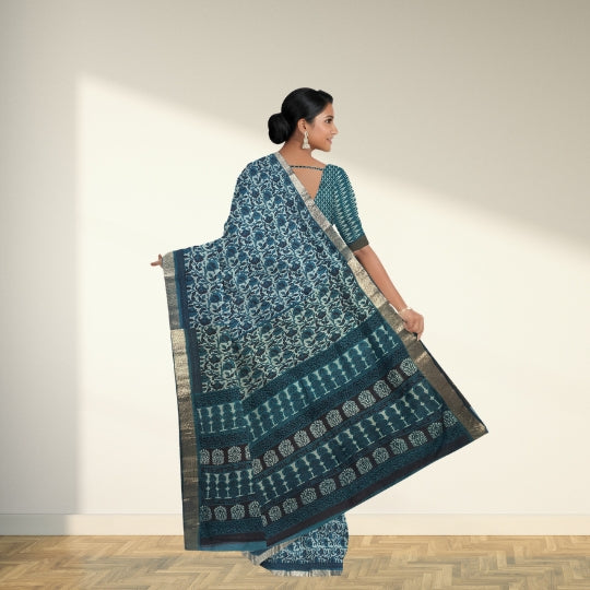 Dark Green Bangalore Silk Hand Block Printed Saree
