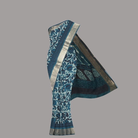Dark Green Bangalore Silk Hand Block Printed Saree