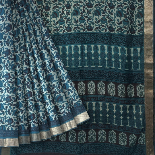 Dark Green Bangalore Silk Hand Block Printed Saree