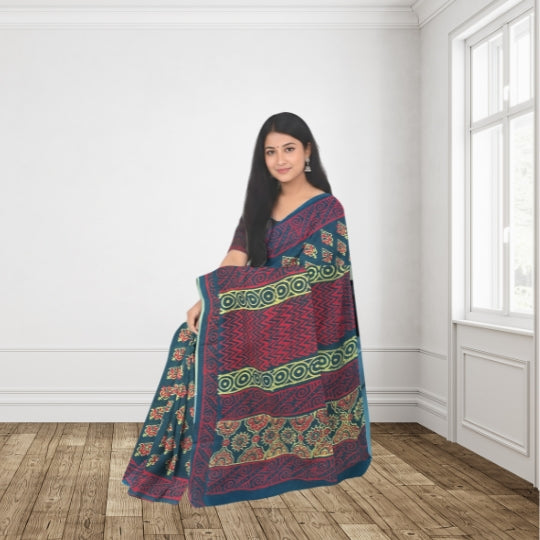 Dark Green Mulmul Cotton Hand Block Printed Saree