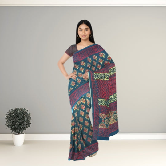 Dark Green Mulmul Cotton Hand Block Printed Saree