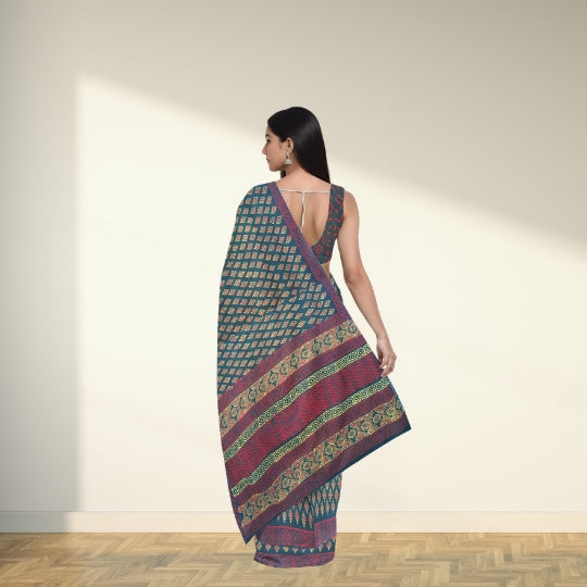 Dark Green Mulmul Cotton Hand Block Printed Saree