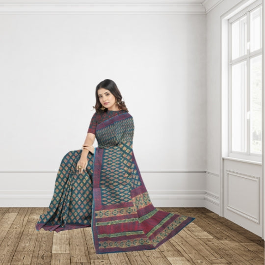 Dark Green Mulmul Cotton Hand Block Printed Saree