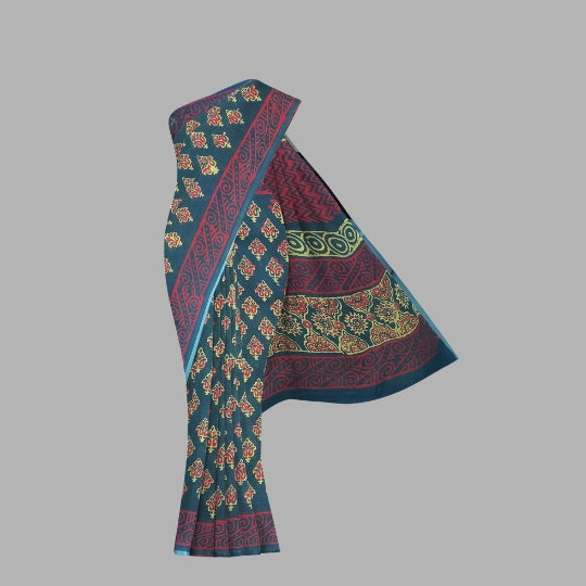 Dark Green Mulmul Cotton Hand Block Printed Saree