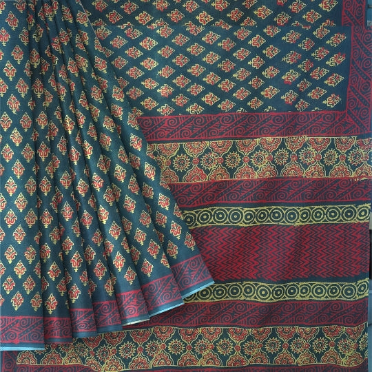 Dark Green Mulmul Cotton Hand Block Printed Saree