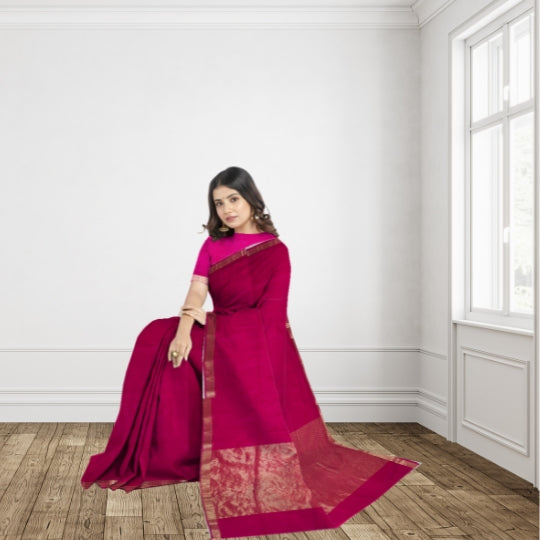 Dark Pink Maheshwari Pure Silk Kota Weaving Floral Border Tissue Pallu Saree