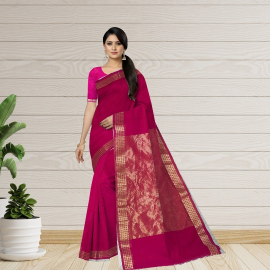 Dark Pink Maheshwari Pure Silk Kota Weaving Floral Border Tissue Pallu Saree 