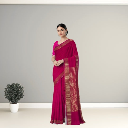 Dark Pink Maheshwari Pure Silk Kota Weaving Floral Border Tissue Pallu Saree