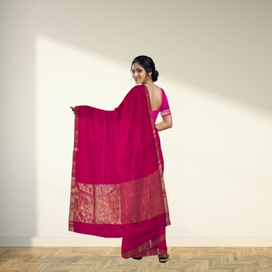Dark Pink Maheshwari Pure Silk Kota Weaving Floral Border Tissue Pallu Saree