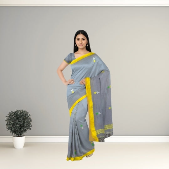 Gray Bengol Handloom Mullmul Cotton Work Saree
