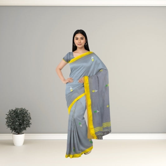 Gray Bengol Handloom Mullmul Cotton Work Saree