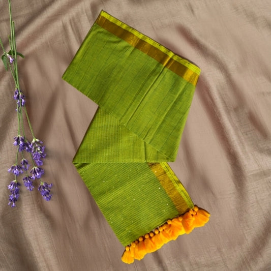 Green Sequence Mulmul Cotton Saree