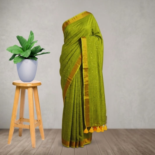 Green Sequence Mulmul Cotton Saree