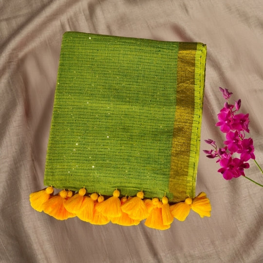 Green Sequence Mulmul Cotton Saree
