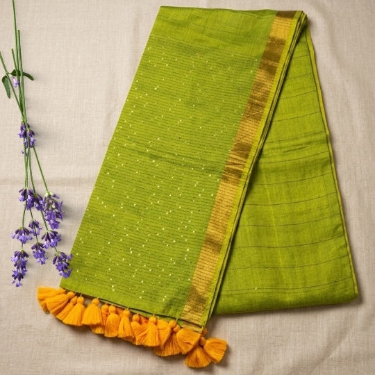Green Sequence Mulmul Cotton Saree