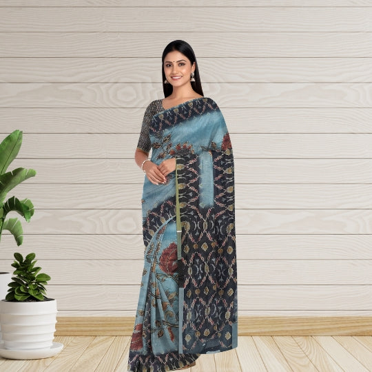Grey Cotton Silk All Over Kantha Work Saree