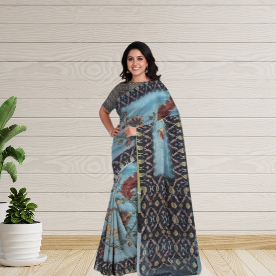 Grey Cotton Silk All Over Kantha Work Saree