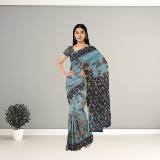 Grey Cotton Silk All Over Kantha Work Saree