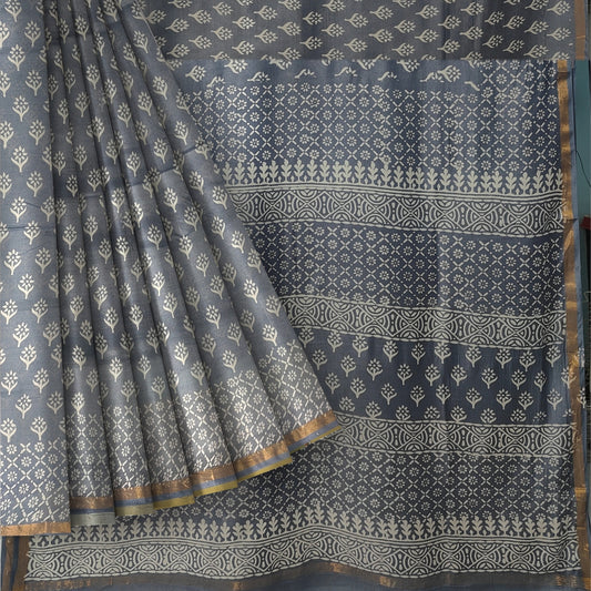 Grey chanderi Block Print Saree