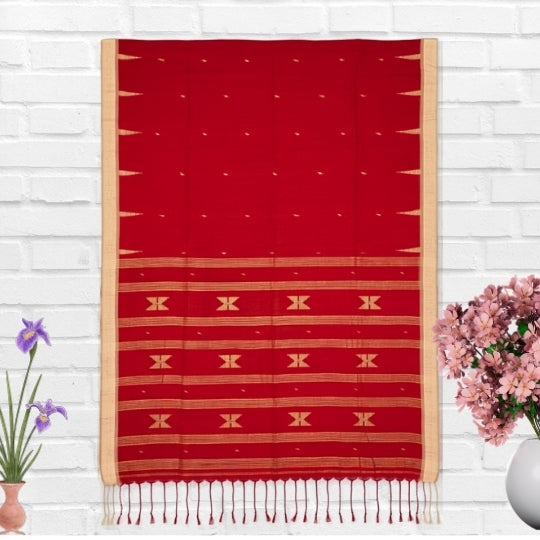 Jamdani Cotton Handloom Red Saree with Yellow Border
