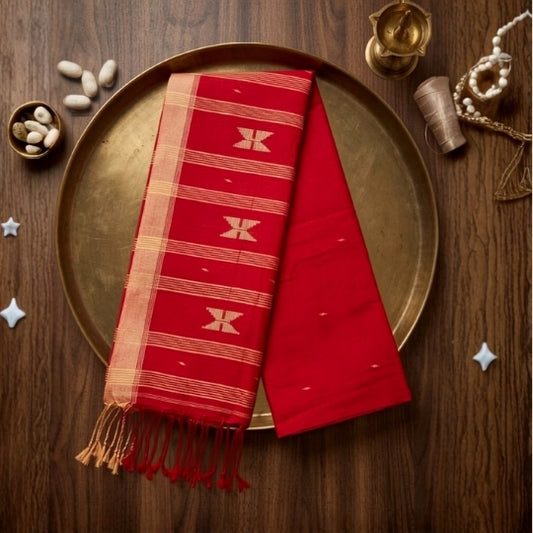 Jamdani Cotton Handloom Red Saree with Yellow Border