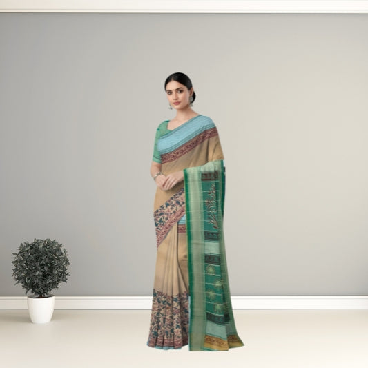 A woman modeling a beige and green printed saree with a teal blouse, standing in a minimalist studio setting with a small potted plant on the left.