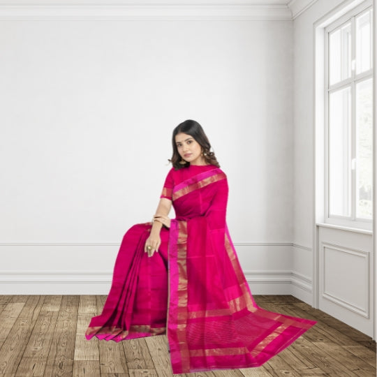 Fuchsia (Rani Pink) Maheshwari Pure Silk With Cotton Silk Border