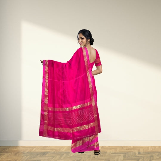 Fuchsia (Rani Pink) Maheshwari Pure Silk With Cotton Silk Border