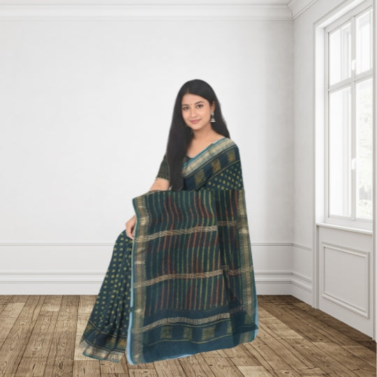 Mehandi Green Maheshwari Handloom Cotton Silk Bagh Block Printed Natural Dyes Saree