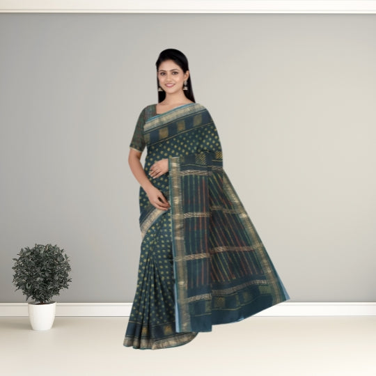 Mehandi Green Maheshwari Handloom Cotton Silk Bagh Block Printed Natural Dyes Saree
