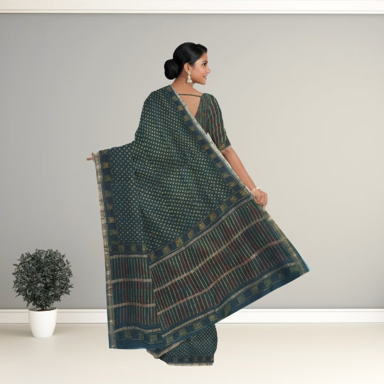 Mehandi Green Maheshwari Handloom Cotton Silk Bagh Block Printed Natural Dyes Saree