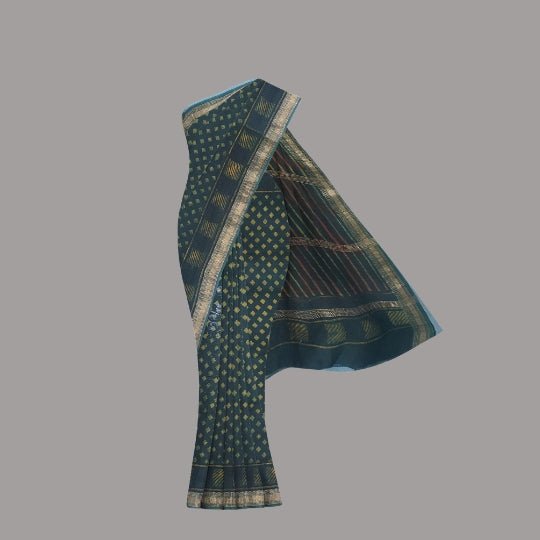 Mehandi Green Maheshwari Handloom Cotton Silk Bagh Block Printed Natural Dyes Saree