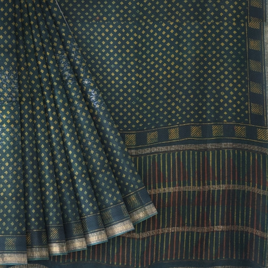 Mehandi Green Maheshwari Handloom Cotton Silk Bagh Block Printed Natural Dyes Saree
