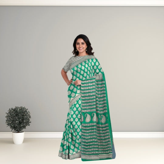 Green Mulmul Cotton Hand Block Printed Saree